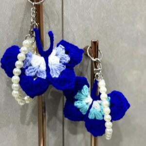 Handmade Crochet Butterfly Keychain with Pearl Handle in Royal Blue
