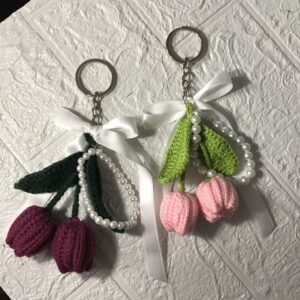 Handmade Crochet Tulip Flower Keychains with Pearl Loop and Satin Ribbon in Pink and Purple Colours