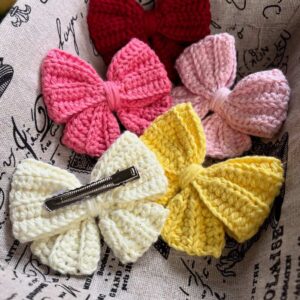 Handmade Crochet Bow Hair Clips in Red, Pink, White and Yellow Colours