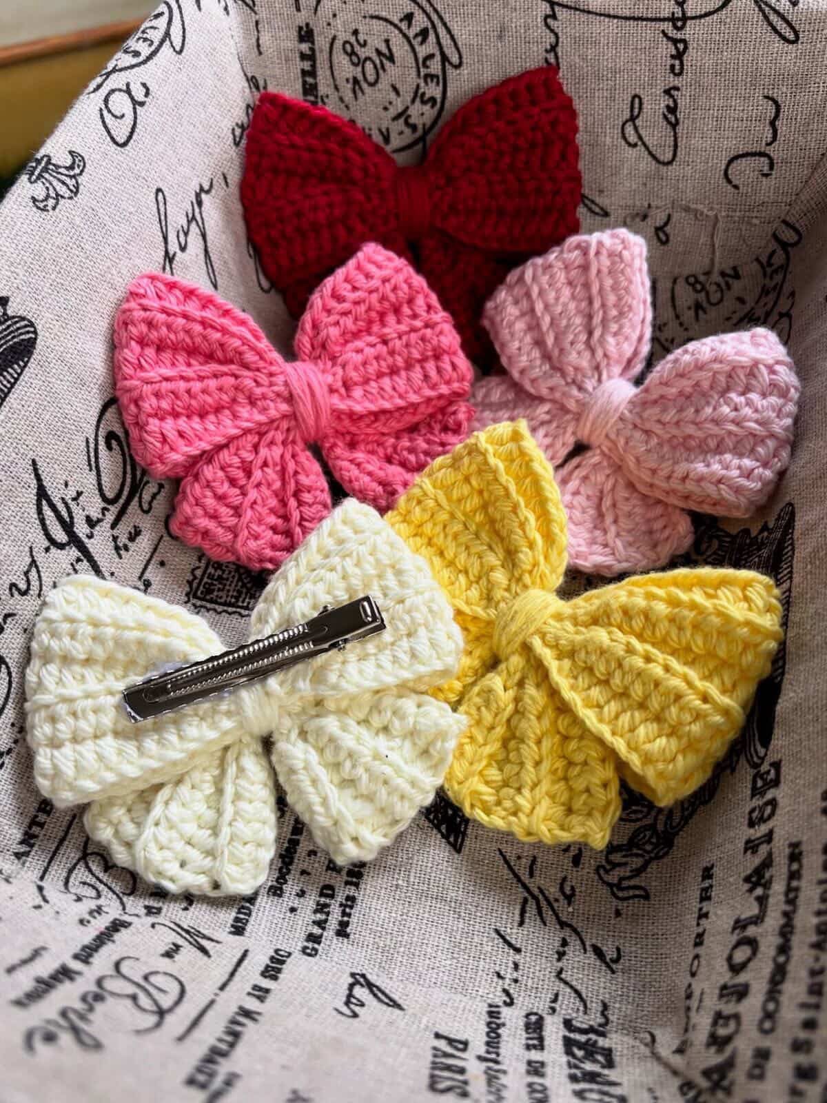 Handmade Crochet Bow Hair Clips in Red, Pink, White and Yellow Colours